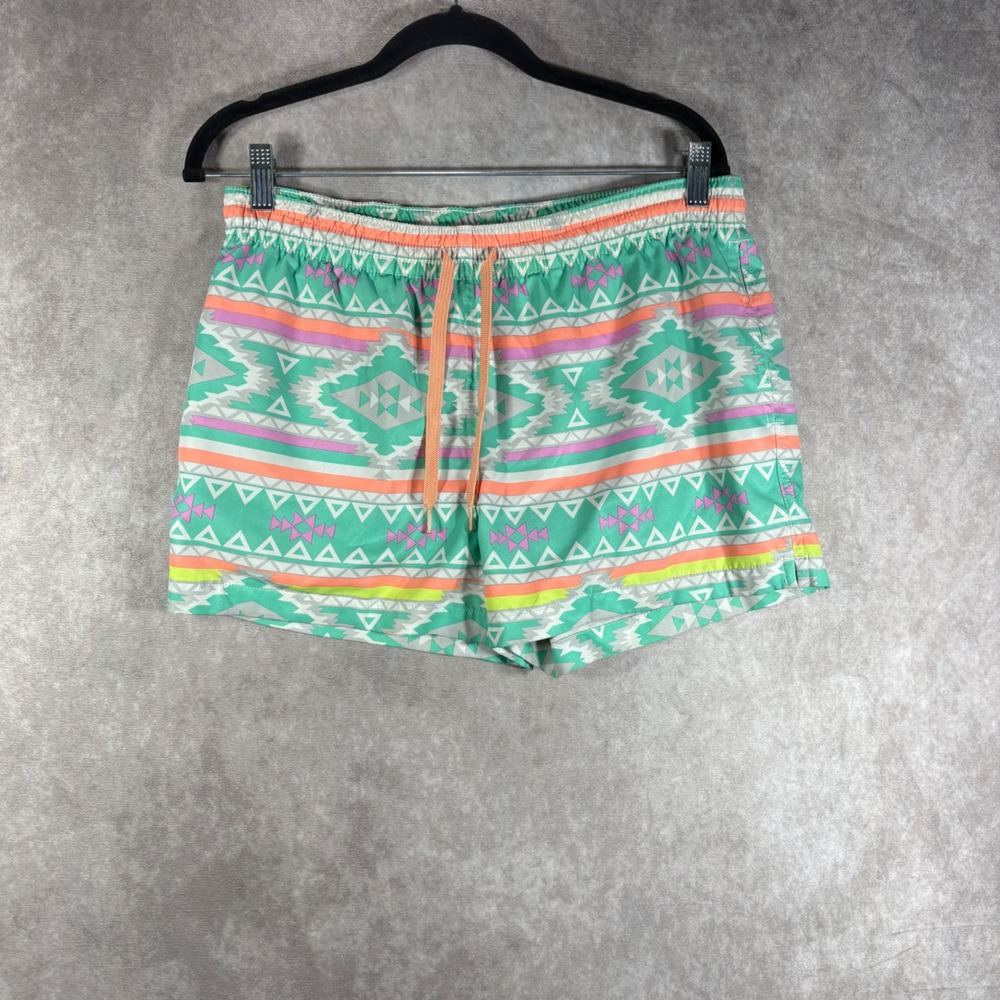Chubbies Swim Trunks Mens Small Teal Geometric Aztec 4-inch Inseam Drawstring